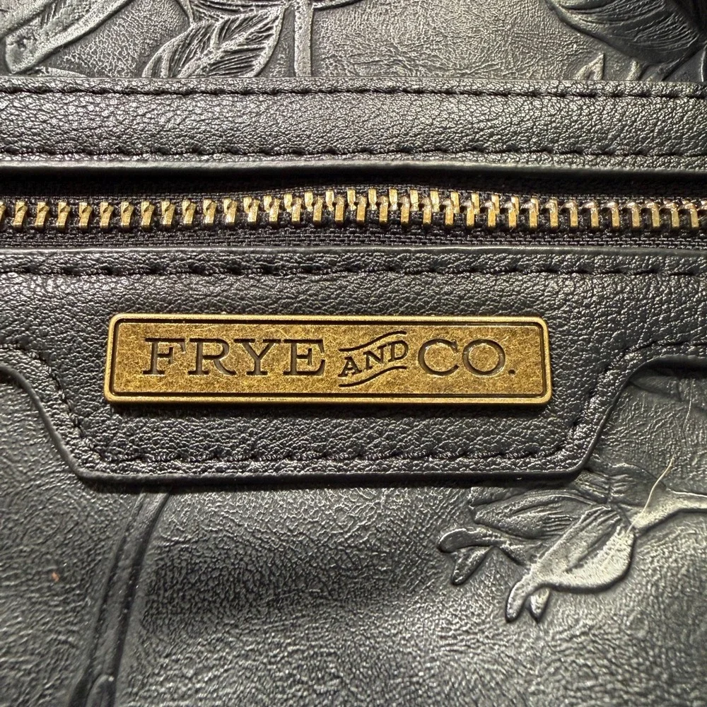 Frye & Co‎ Tote Bag Purse Black Embossed Floral Rose Faux Leather Shoulder